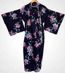 Floral‎ Kimono Navy Blue Japanese Robe Flowers Loungewear Purple Pink - No Belt