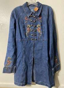 ACACIA Denim Boho Embroidered Trench Coat Womens Medium Blue Floral Minimalist