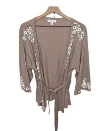 COLDWATER CREEK Women's Cotton Sweater Cardigan Taupe Tan Floral Appliqué Large