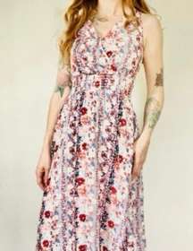 Floral Blue Pink Maxi Dress Asymmetric Hem Ruched Waist Sleeveless