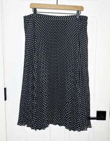 LOFT Size 14 Pleated A-Line Midi Skirt Black White Polka Dot