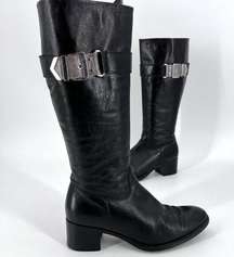 GEOX Tall Riding Style Black Heeled Boots with Silver Mesh Buckle Size 37