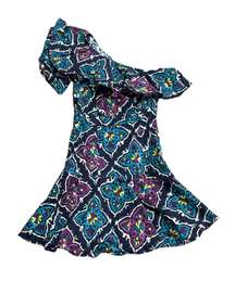 Josie  Festive Blue Ruffle Patterned One Shoulder Fitted Dress