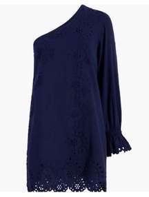 NWT Hill House Mila Dress One Shoulder Navy Linen Blue Eyelet Sz S