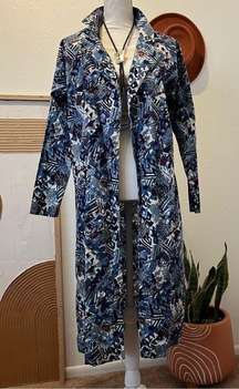 Vintage Blue Abstract Printed Cotton Long Collared House Duster Blazer Trench