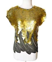 Vintage 1980’s Oleg Cassini sequin beaded top sz S gold black