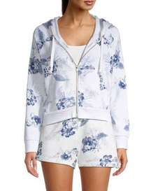 Vintage Havana White Blue Floral Print Zip Up Cropped Hoodie Size Small