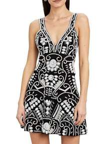 Alexis Jerza Black and White Stone Embellished Embroidered Beaded Mini Dress