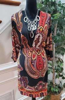 Cristinalove Black Paisley Polyester Long Sleeve Casual Knee Length Dress XL