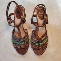 Frye Colette Braided T-Strap Leather Sandal Wedge Size 9