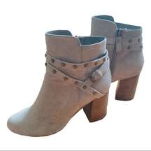 BP Grey Suede Studded Wooden Block Ankle Booties Kolo Flared Heel