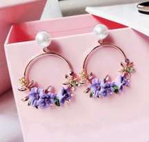 Women's Purple Crystal Flower Drop Dangle Hoop Earrings