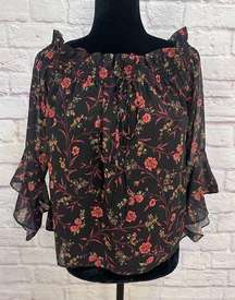 Scripted Black Floral Peasant Blouse Off The Shoulder Size S. NEW
