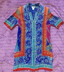 Vintage 80s Gottex Mediterranean Abstract Colorful Button Up Shirt Dress