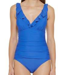 Dkny Ruffle Plunge Underwire Tummy Control One-Piece Swimsuit Blue size 16 NWT