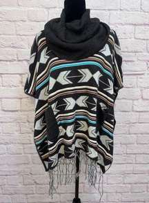 Double Zero Boho Cowl Neck Poncho Sweater With Fringe Size M Wool Blend