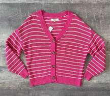 LOFT V Neck Knit Cardigan Sweater NEW Womens L Relaxed Fit Pink White Striped