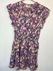 Entro Women’s Floral Tiered V-Neck Smocked Waist Mini Dress Pink Blue Medium