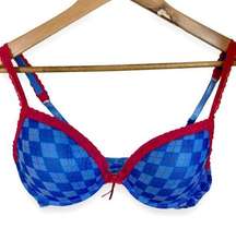 36D push up bra by Jasmine & Ginger in blue argyle plaid with hot pink lace trim