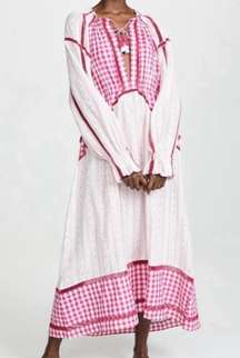 Dodo Bar Or Pink Gingham Multi Printed Maxi Peasant Dress Off Shoulder Womens M