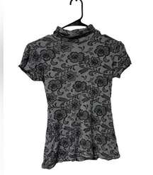 Fleurish S Womens Short Sleeve T Short Top Black Grey Gray Floral Goth Summer