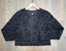 Rose Embroidered Textured Y2K Open Cropped Jacket in Black Medium