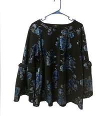 Alfani 1X Long Bell Sleeve Top Blouse Floral Blue Black Spring Summer Cute