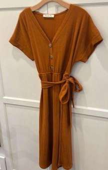 Vine and Love Midi Dress Ribbed Tie-Front Orange Brown Medium Summer Spring Cute