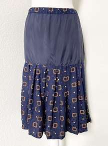 Vintage 1980s Maggy London Silk 2 Piece Blouse & Skirt Set Blue Gold Size 8