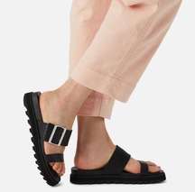 Roaming Slide Black Two Strap Slip On Sandal Silver Buckle