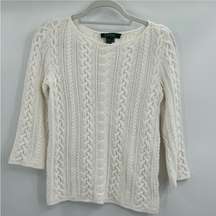 Lauren  Ralph Lauren fisher cableknit white sweater 3/4 sleeve size medium