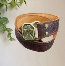 Vintage brown tooled leather western brass clasp belt