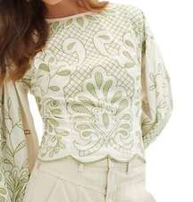 Anthropologie NWT Embroidered Smocked Puff Sleeve Top Blouse M