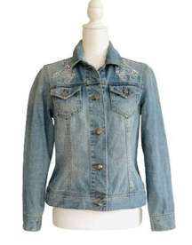 Coldwater Creek Jean Jacket Light Wash Distressed White Embroidered Denim  4P