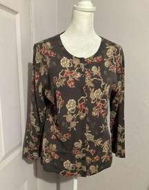 Garnet Hill Brown Floral Merino Wool Long sleeve Button Up Lightweight Cardigan