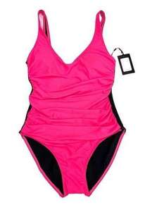 DKNY NEON PINK Ruched Mesh-Contrast One-Piece Swimsuit 4 NWT $98