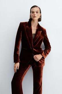 Mango Womens Velvet Suit Blazer Button Front Lapel-Collar Welt Pockets Brown M