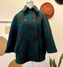 Anthropologie Cartonnier Green Buffalo Plaid Checkered Coat Cape Wool Blend