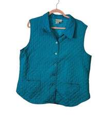 Coldwater Creek Women’s Quilted Vest Large Teal Full Button Up Pockets READ