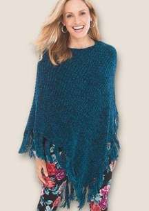 Chico’s Chenille Fringe Poncho Turquoise One Size