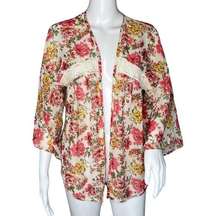 LA Hearts Kimono Womens One Size White Pink Floral Topper Open Front Flower Boho