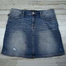 Distressed & faded short length blue denim jean skirt sz 12