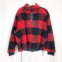 American Eagle Oversized Sherpa Fleece Snap Pullover Jacket Buffalo Plaid Red