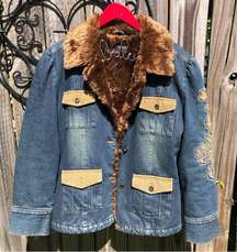 Long Island City Fur Lined Denim Embroidered Jean Jacket L