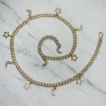 Moon and Star Charm Gold Tone Metal Chain Link Belt Size Small S Medium M