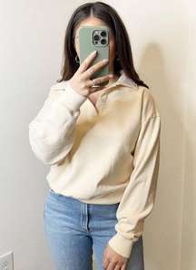 Sporty & Rich 100% Cotton Cropped Polo Sweatshirt Cream White Medium