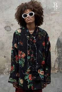 R13 Useless Treasures Drop Neck Tuxedo Ruffle Floral Button Down Shirt