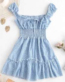 Smocked Printed Sleeveless A Line Dress - Light Blue S ()