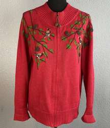 Vintage Coldwater Creek Zip Cardigan Sweater L Large Red Embroidered Birds Pines