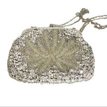 La Regale Vintage Small Silver Beaded Sequin Shoulder Bag Evening Purse